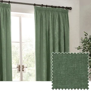 Heavy Chenille Velvet Room Darkening Pencil Pleat Curtains Eucalyptus